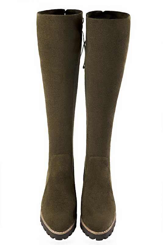 Khaki green women's knee-high boots, with laces at the back. Round toe. Low rubber soles. Made to measure. Top view - Florence KOOIJMAN